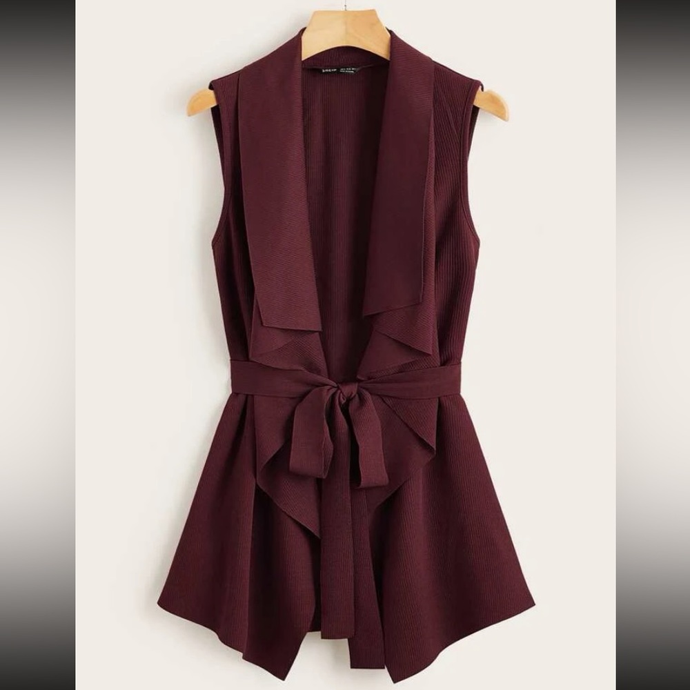 SHEIN 🤍 Waterfall Rib-knot belted waterfall sleeveless vest 🤍
